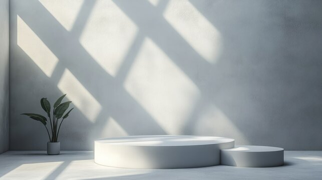 White round podium set in a minimalist 3D design, geometric composition with light and shadow for a sophisticated showroom background 