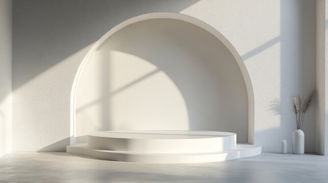 White round podium set in a minimalist 3D design, geometric composition with light and shadow for a sophisticated showroom background 
