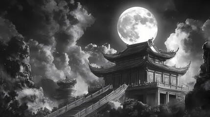 monochrome moonlit temple scene. moonlit temple. illustration