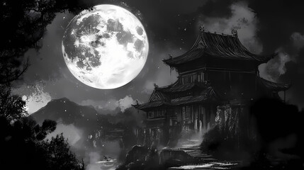 monochrome moonlit temple scene. moonlit temple. illustration