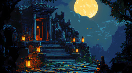 Wall Mural - stunning pixel art of a moonlit ancient temple at night, with glowing lanterns casting a warm light 