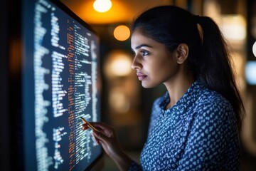 a woman with a tablet engages in data analysis, digital technology, and software overlay at night, w