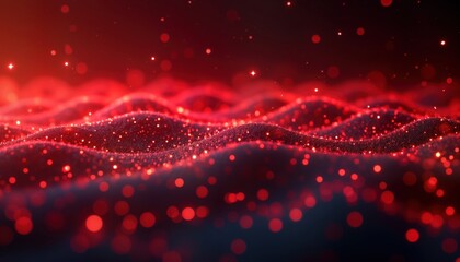 Poster - Abstract red background with glowing particles. Wavy texture creates depth. Digital art with vibrant red colors. Modern design for tech abstract concepts. Futuristic look with grid matrix pattern.