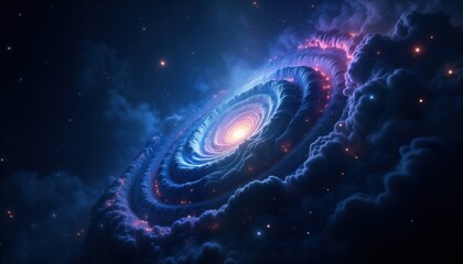Wall Mural - abstract cosmic galaxy view. spiral nebulae in deep space. glowing stars, swirling clouds of purple,
