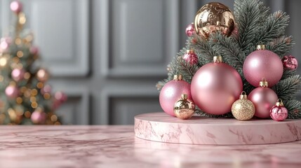 Wall Mural - Pink baubles on a table with a tree background