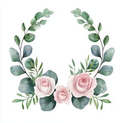 Wall Mural - Romantic flower wreath, roses and eucalyptus leaves, watercolor design