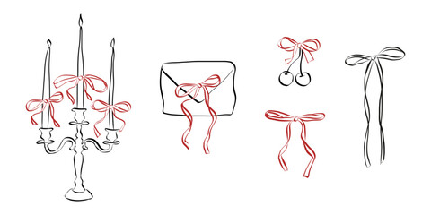 Poster - Hand drawn line art of coquette aesthetics elements. Vintage candle with ribbon and bow in simple crayon and sketch style. Symbols for Valentine day and invitations. Doodle vector illustration