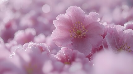 Wall Mural - Pink flower bloom in field, defocused background, spring