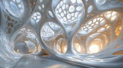 Poster - Abstract organic architecture interior, futuristic design, white structure with light.
