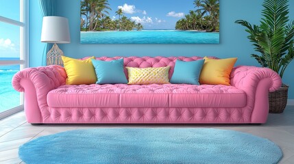 Wall Mural - Pink sofa, pillows, interior, beach view art, home use