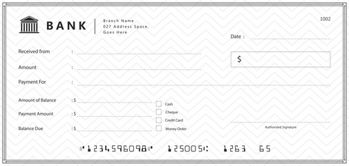 Wall Mural - empty money cheque. bank check. check book template with pattern and blank fields. currency payment 