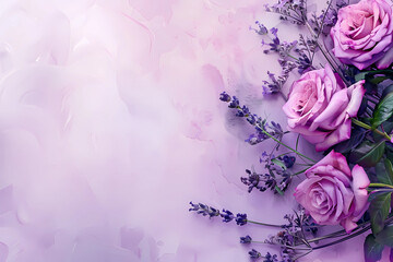 Aufkleber - On the left is a watercolor image of a wedding bouquet of purple roses and lavender on a soft purple background with free space on the right for inserting text 