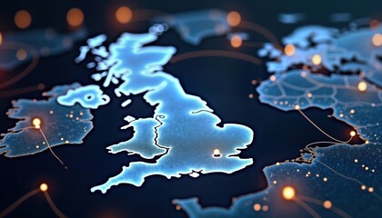 Poster - Global communication network map UK connections. World map illustrates tech connections, data flow. Network design concept shows satellite connections, global internet routes. Illustration displays