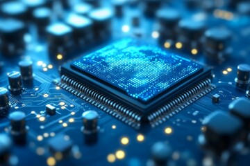 Poster - Microchip on a circuit board lit by soft blue lights in a dark setting. Generative AI