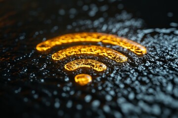 Poster - Glowing wireless signal icon on a reflective dark surface at night. Generative AI