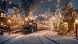 © George Louris  🜲 - Festive steam train arriving at a snow-covered Christmas village at night, illuminated by twinkling lights and falling snow.