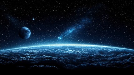 Wall Mural - Planet sunrise, moon, comet, nebula background, space exploration