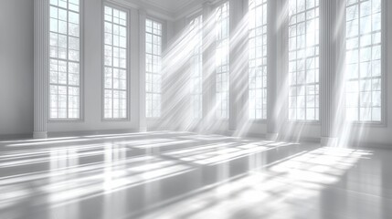 Aufkleber - Sunlight streams through large windows in a bright, spacious white room.