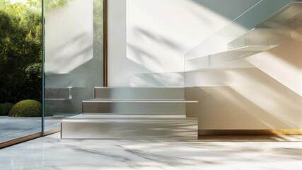 Poster - Sunlit modern staircase with natural shadows in minimalist interior design