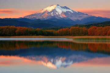 Wall Mural - Majestic snow-capped mountain reflected in a serene lake during a vibrant sunset, autumn foliage lining the shore.