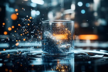 Poster - Water splashes dramatically from a glass in a modern, illuminated setting during a creative experiment