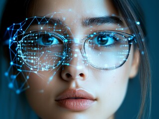 Poster - Digital technology enhances focus and clarity in the eyes of a young woman with glasses in a futuristic setting