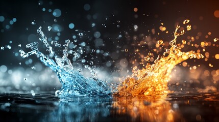 Poster - Water splashes collide in a vibrant display of blue and orange colors against a dark background
