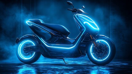 Poster - Futuristic electric scooter with neon blue lights.