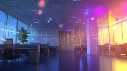 Poster - Futuristic data streams and colorful lights are flowing in a modern office space with large windows and desks, representing innovative technology and business intelligence