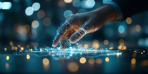 Poster - Hand reaching out to a glowing digital landscape filled with lights and data visualizations at night