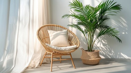 Wall Mural - Rattan chair, plant by window, interior decor