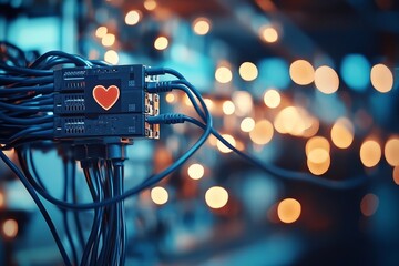 Poster - Heart symbol on a technology device surrounded by colorful glowing lights in an urban setting at night