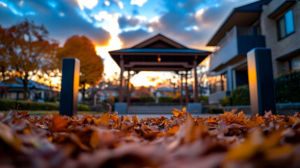 Wall Mural - Autumn sunset view with fallen leaves in foreground and Japanese gazebo in background.