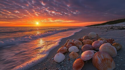 Wall Mural - Seashells beach sunset ocean waves; travel postcard