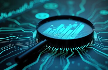 Poster - futuristic tech illustration. magnifying glass focuses on glowing chart. circuit board background sh