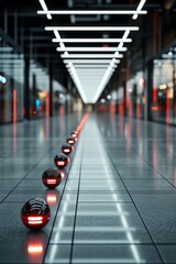 Poster - Illuminated spheres lining a modern corridor with reflective tiles and bright overhead lights