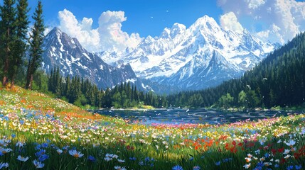 Wall Mural - Vibrant wildflowers bloom near a serene lake, with majestic snow-capped mountains in the background under a bright summer sky.