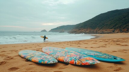 Canvas Print - Surfer walking on sandy beach with three colorful surfboards.