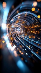 Poster - Abstract representation of light trails in a futuristic tunnel setting at night with glowing particles