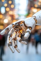 Poster - Robotic hand reaching out in a busy urban environment filled with vibrant lights and people