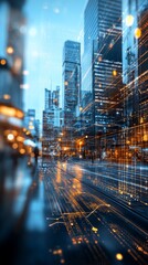 Poster - City streets illuminated at dusk with digital overlay showcasing technology and modern architecture