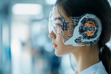 Poster - Woman with futuristic technology integrated into her headset poses inside a modern space during daylight