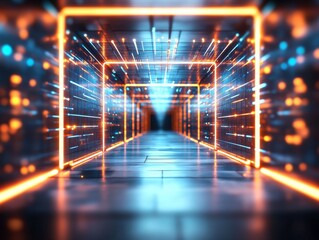 Poster - Vibrant neon corridor with glowing lines and dynamic light effects at a futuristic location