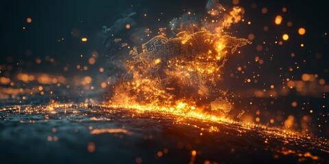 Poster - Fiery abstract representation of a glowing world map with luminous particles on a dark background