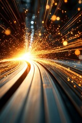 Poster - Bright bursts of light radiate from a curved track in a futuristic setting showcasing movement and energy