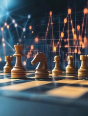 Poster - a chessboard with analytical graphs and charts in the background, representing the link between stra