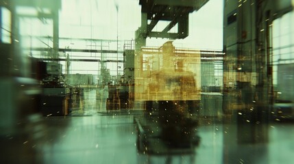 Poster - double exposure image of an industrial interior with beams, machinery, and a green and yellow color 