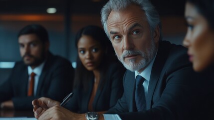 Poster - male mature caucasian ceo businessman leader with diverse coworkers team, executive managers group a