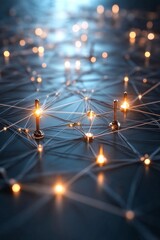 Poster - network of lights interconnected with pins creates a glowing pattern on a dark surface at night