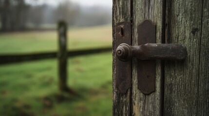 Wall Mural - Rusted door handle on old wooden door, blurry green field background.